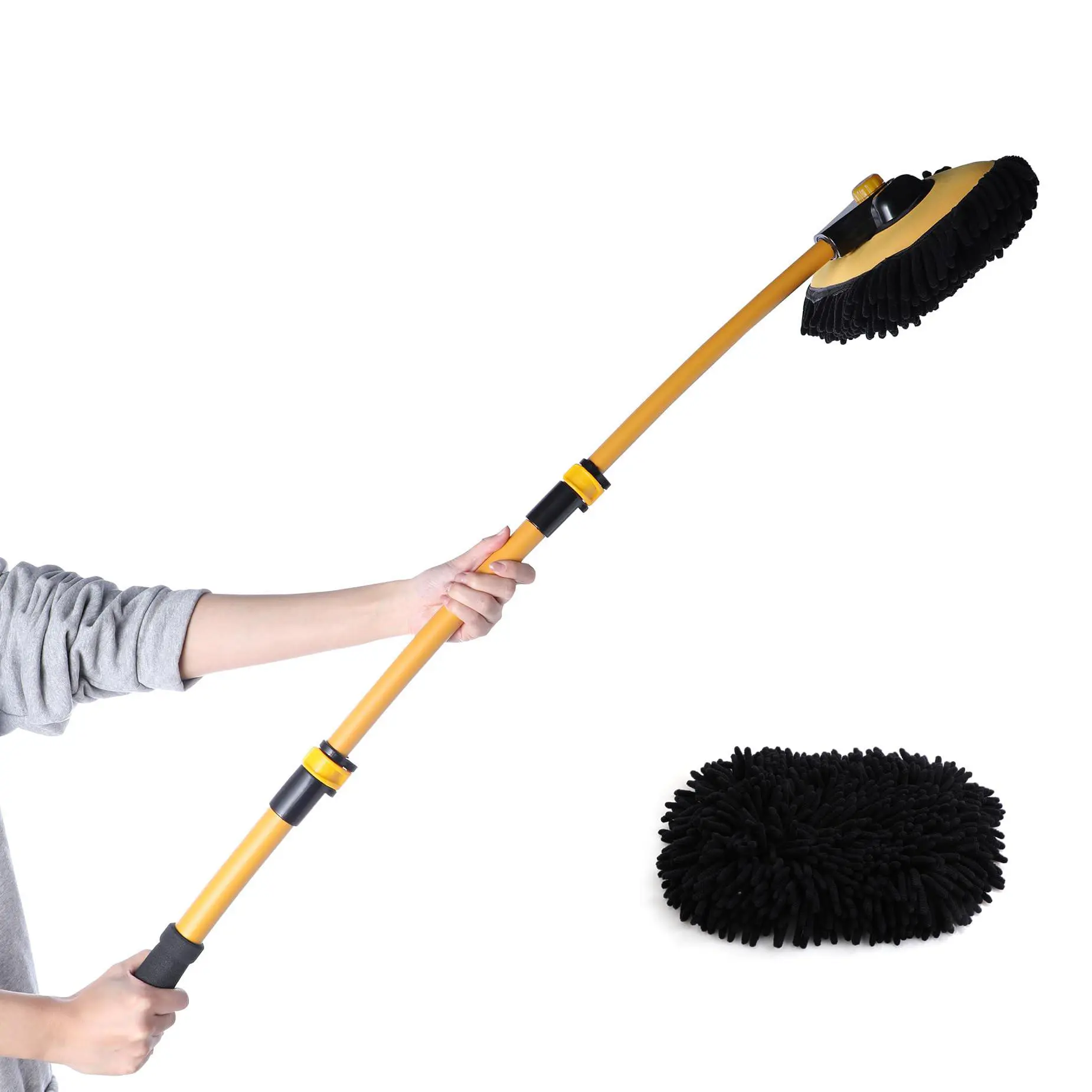 43'' Long Handle Home Cleaning Mop (Yellow), 15° Ergonomic Design, Microfiber Material, Avoid Scratching, Retractable Aluminum Pole(Durable), Suitable for Cars, Truck, SUV and Home Clean - Clean Tool! Labor Day Gift