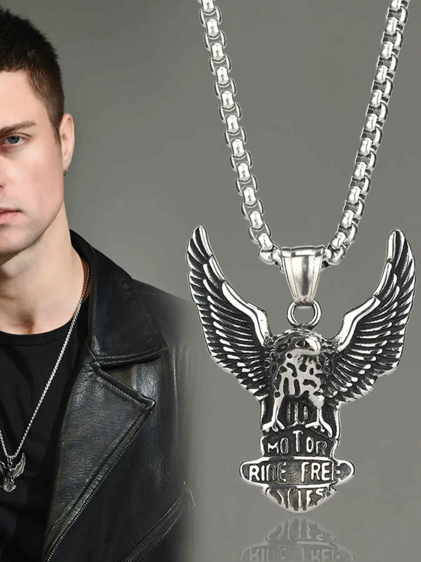 Silver Eagle 'Motor Ride Free' Pendant Alloy Necklace | Men's Biker Streetwear Accessory for Daily, Biker Events & Party Looks