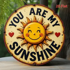Vintage Round Iron Wall Sign Featuring a Bright Smiling Sun and Red Hearts Perfect for Rustic Bohemian Decor in Kitchens Gardens and Workspaces