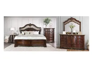 CM7311-4PC 4 pc Menodora brown cherry finish wood scrolled metal accented headboard queen bedroom set