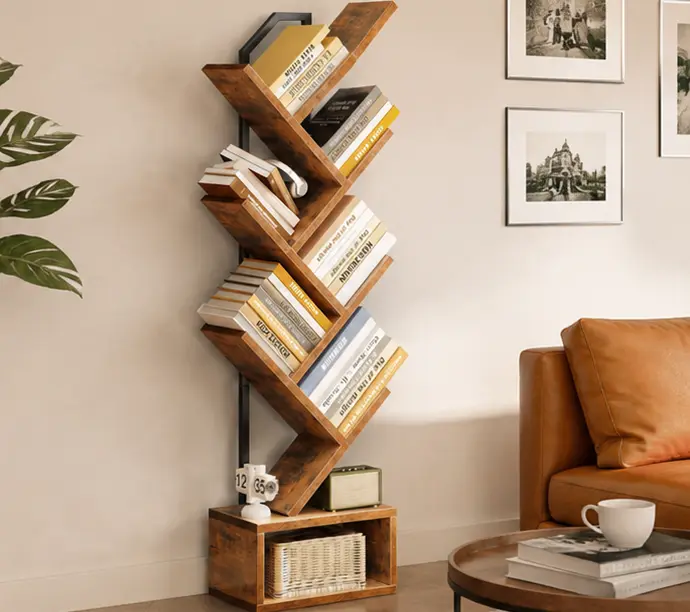 6-Tier Tree Bookshelf for Small Spaces, Narrow Steel & Wood Bookcase with Storage Cabinet, Vintage