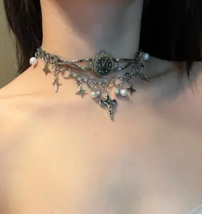 Handmade Vintage Round Watch Necklace for Women Featuring Elegant Pearl & Cross Pendants – Embrace the Iconic Y2K Cyberpunk Aesthetic with this Trendy Statement Choker!Perfect Blend of Retro & Edgy Vibes for Fashion-Forward Girls