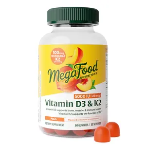 MegaFood Vitamin D3  +  K2 5000 IU Gummies - High Potency, Easily Absorbed - Bone, Muscle, Immune Health Support - 60 Gummies- Daily Supplement Antioxidant (125mcg)