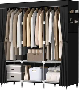 Wardrobe Closet,Portable Closet for Bedroom Steel Pipe Diameter 19mm Strong and Sturdy Black Portable Closets for Hanging Clothes with 3 Hanging rods, 6 Storage Shelves and Side Pockets