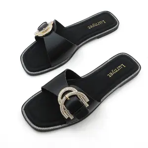 Womens Flat Sandals Elegant Square Toe Open Toe High Quality Faux Leather Summer Sandals Gold Trim Edge NonSlip Outsole