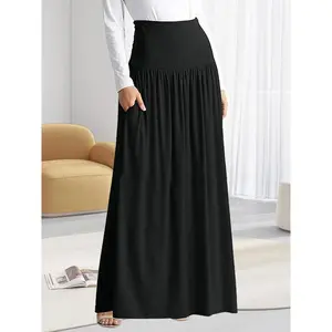 ��Plus Size�� Solid Ruched Pocket High Waist Maxi Skirt, Casual Comfy Skirt for Daily Wear, Women's Bottoms for All SeasonsGift