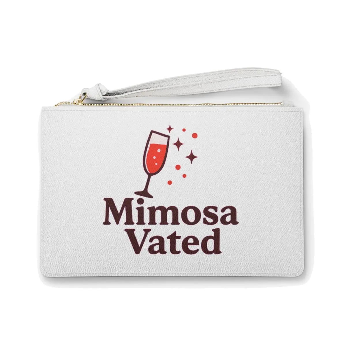 Mimosa Vated White Wristlet with Gold Zipper and Champagne Glass Design