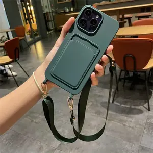 Minimalist Solid Color Card Holder Soft Phone Case for iPhone 16 15 14 13 12 Pro Max 16 15 14 Plus with Crossbody Strap Lanyard Protective Case Cover