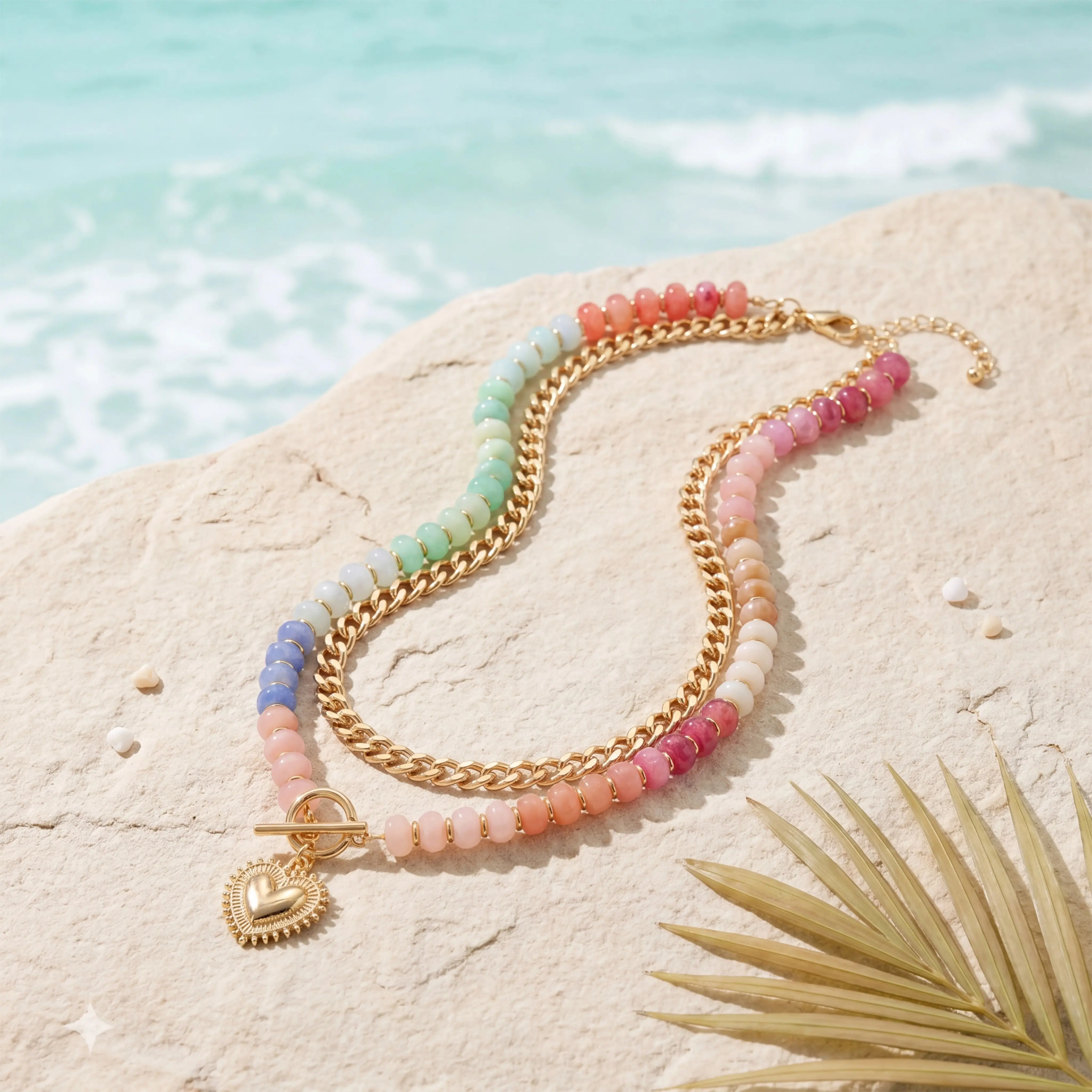 Dopamine Colorful Beaded Layered Necklace  Y2K Accessory featuring a Heart Pendant Chain Summer Beach Jewelry for Women