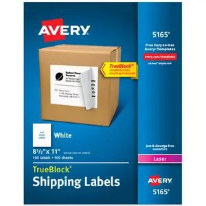 Avery Full-Sheet Printable Shipping Labels, 8.5" x 11" Customizable Stickers, White, 100 Blank Mailing Labels, Great for Mailing, Shipping, Organizing, and More (5165)
