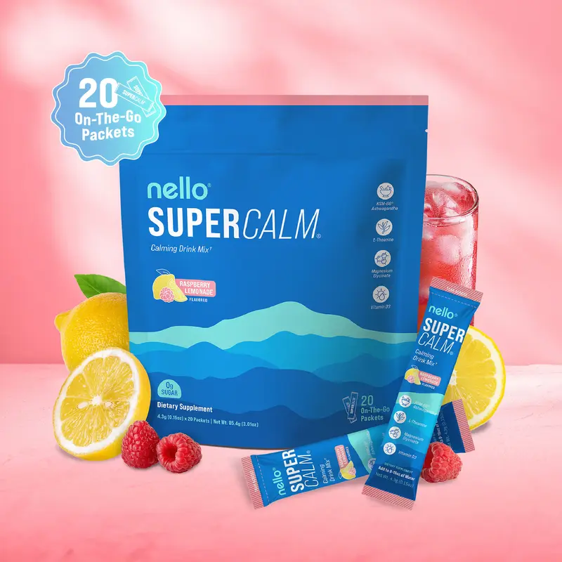 Nello Supercalm Calming Drink Mix with KSM-66 Ashwagandha Vitamin D3 Magnesium & L-Theanine Supports Cortisol Balance Mood Sleep 20 Servings Travel Packets Dietary Supplement 0