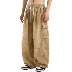 Bakyarder Vintage Washed Cargo Jeans, High Waist, Baggy Wide Leg, Unisex Streetwear with Multiple Pockets