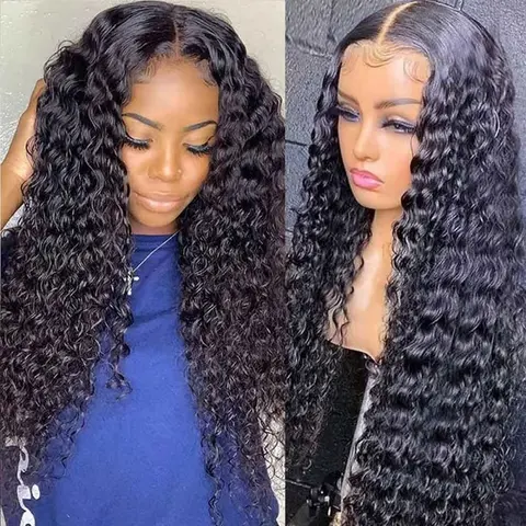 100% Human Hair 7x6 Glueless Deep Wave Lace Front Wigs 180% Density Curly Wave Wig Natural Hairline Pre Plucked Glueless Transparent Lace Frontal Wig for Women No Glue Needed