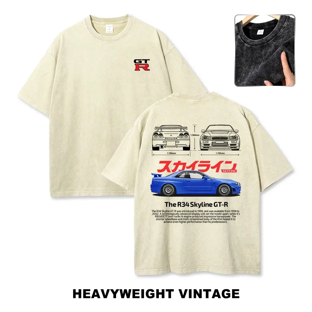 Men's Unisex R34 Skyline GT-R Blueprint Streetwear T-Shirt - Cotton Short-Sleeve Washed Oversized Casual Retro JDM Racing Tee, Gift For Car Enthusiasts, Shortsleeve, Graphic, Fabric, Menswear, Tshirt, Round Neck