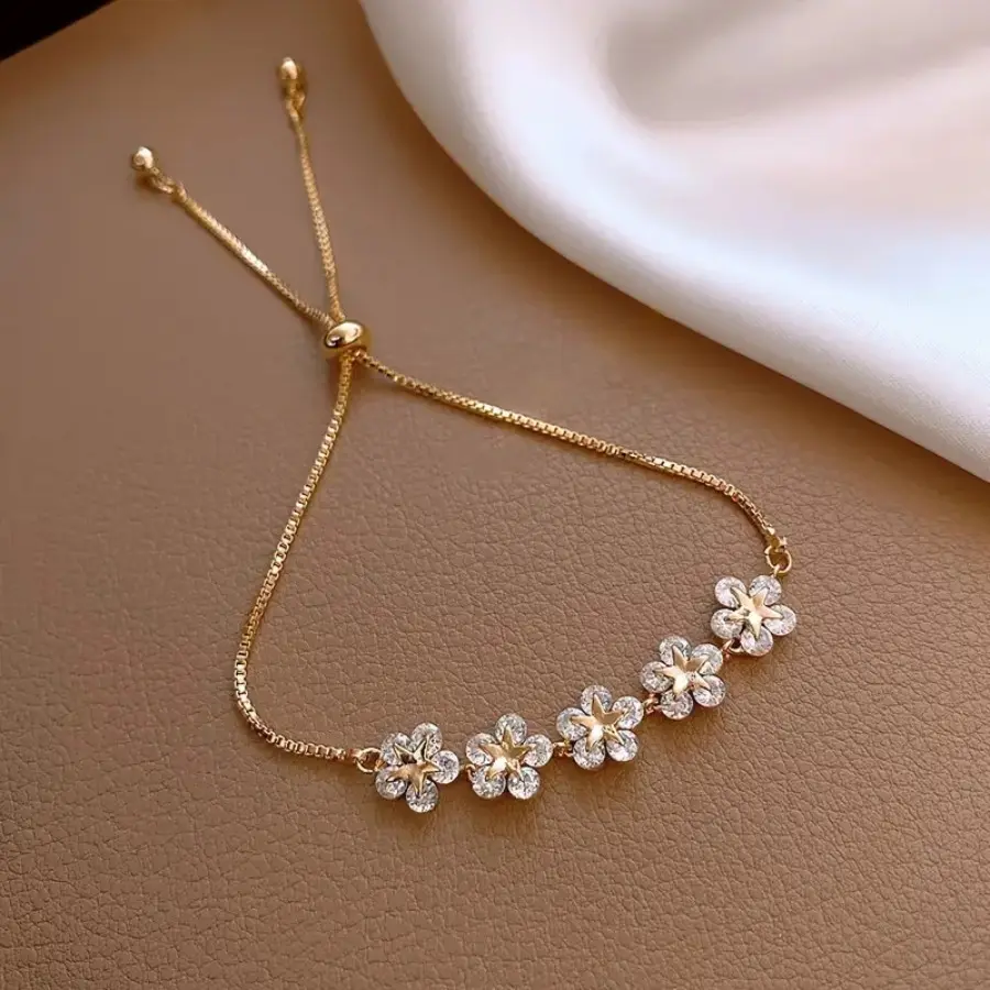 Women's Dainty Gold Plated Floral Charm Bracelet - Hypoallergenic, Stackable, Adjustable Chain, Minimalist Bangle for Female, Summer Vacation, Pentagram Motif, 23cm/9.06in, Wrist Stack, Gold Aesthetic, Casual, Elegant, Bracelets for Women