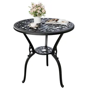 23" Round Cast Aluminum Patio Bistro Table, Outdoor Coffee Bistro Side Table with Umbrella Hole, Antique Design Dining Desk for Backyard, Garden, Porch, Pool, Balcony