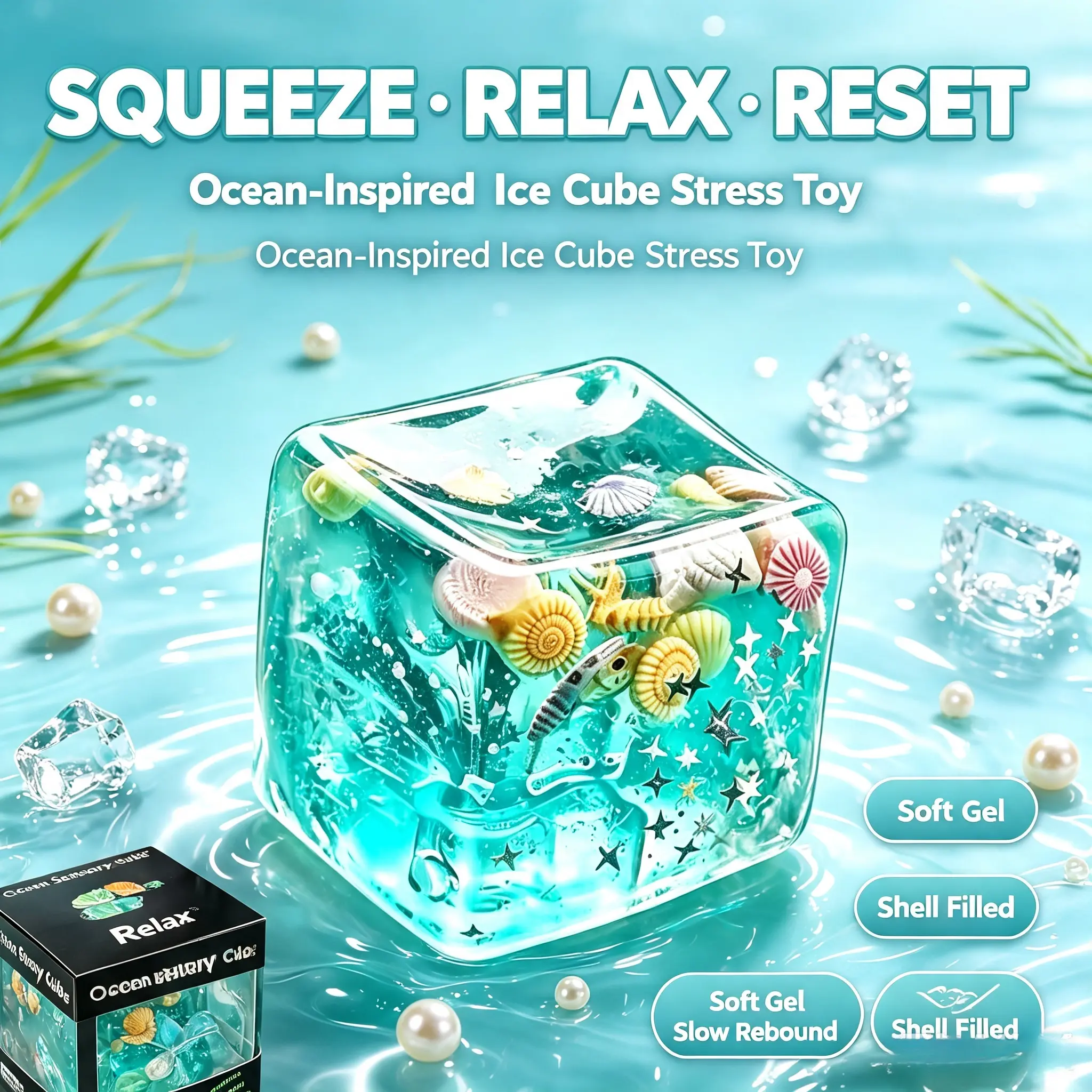 Ocean Ice Cube Sensory Squishy Toy - Clear Aqua Gel Stress Relief Cube with Seashell, Star Glitter, Slow-Rebound Squeeze Fidget Feature, Cute Desk Decor Gift for Teens