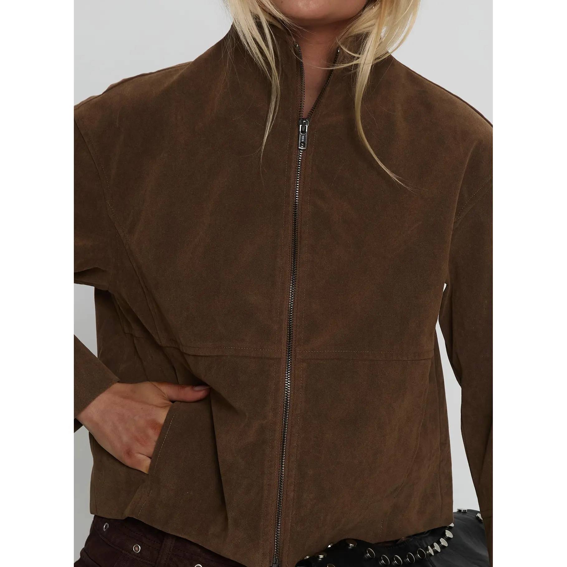 Jessalynn Faux Suede Zip Through Jacket Brown - TikTok Shop