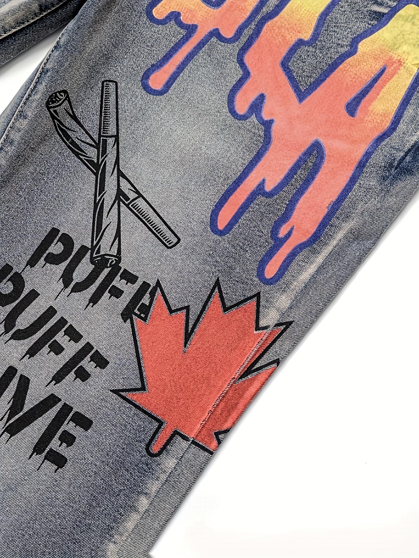 Men’s straight-leg jeans with Y2K graffiti print, European & American fashion trend