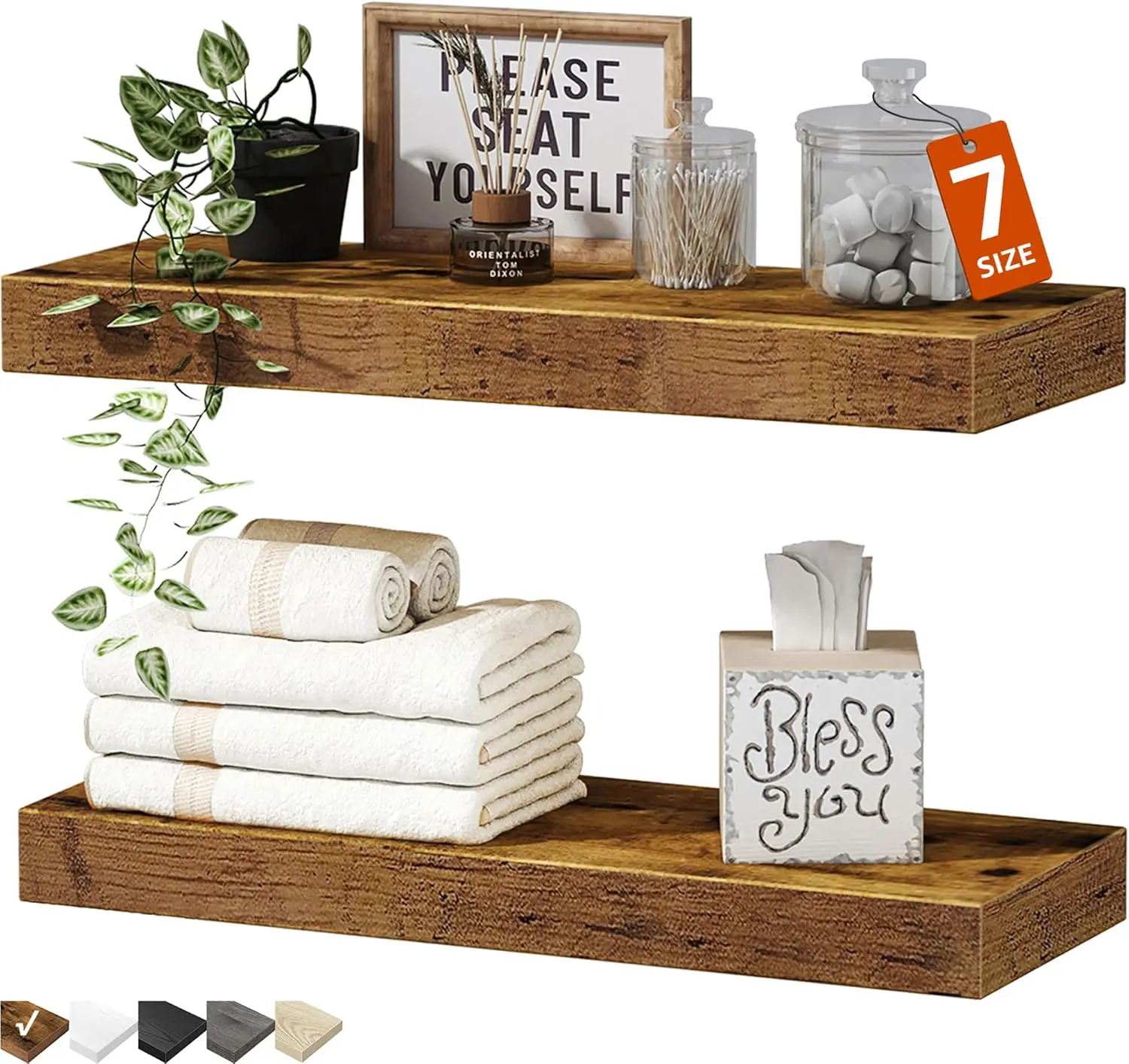 Bathroom Floating Shelves for Wall - 15.7" Wall Mounted Shelf Over Toilet Farmhouse Home Decor Display Bookshelf Small Set of 2, Rustic Brown