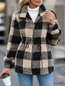 Women'S Plaid Zip-Up Teddy Coat - Made from Soft, Featuring Long Sleeves And an Elegant Two-Tone Plaid Design, Machine Washable, Perfect for Casual Or Chic Outfits