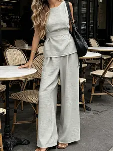 Two piece fashionable Korean style gentle casual suit for women's summer, sleeveless vest top, high waist hanging straight leg pants, fashionable, suitable for home, indoor, and outdoor wear