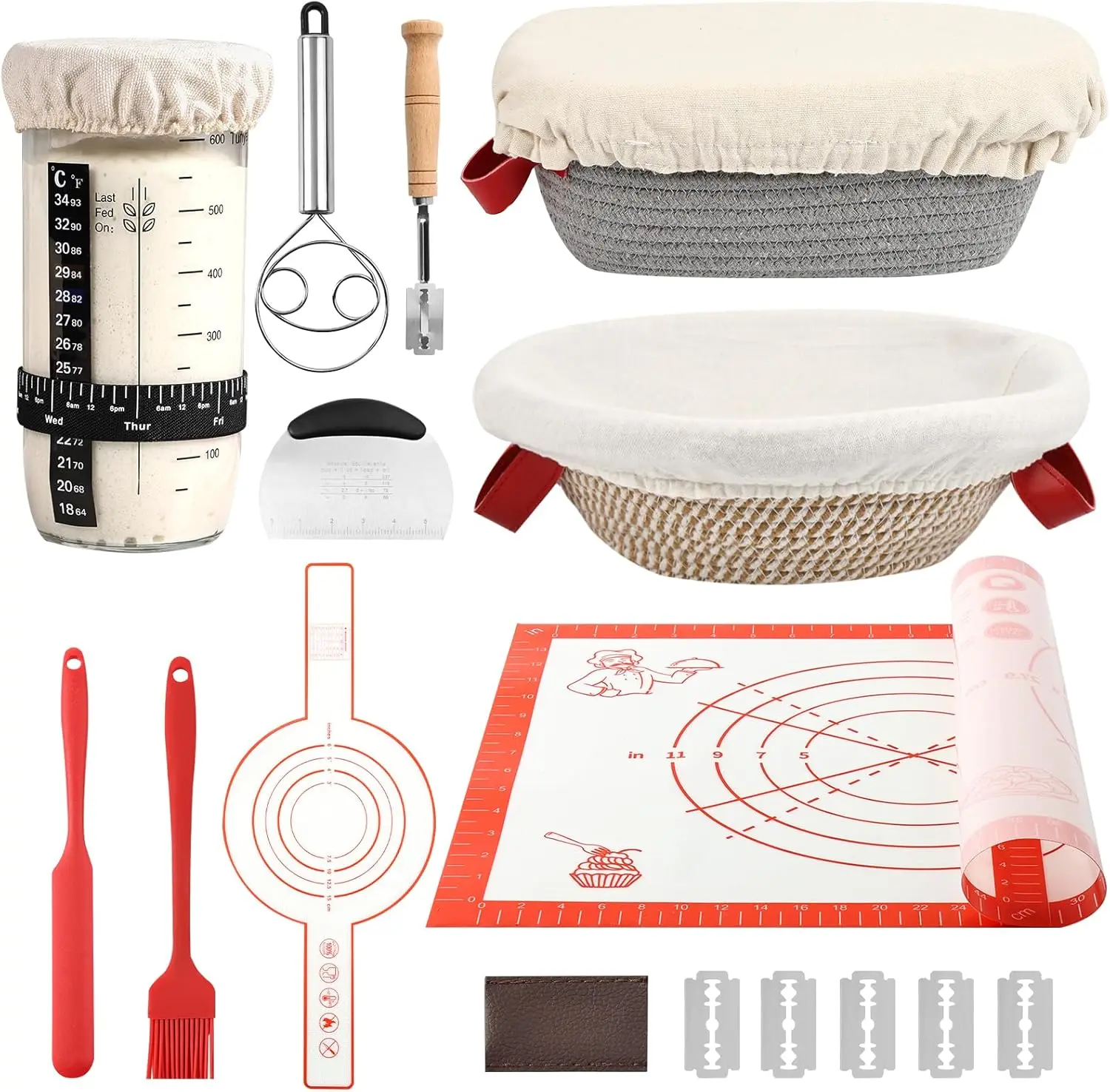 Sourdough Bread Baking Kit with Banneton Proofing Baskets, 10 Inch Oval & Round Bread Proofing Basket Set with Liners & Covers, Sourdough Starter Baking Supplies