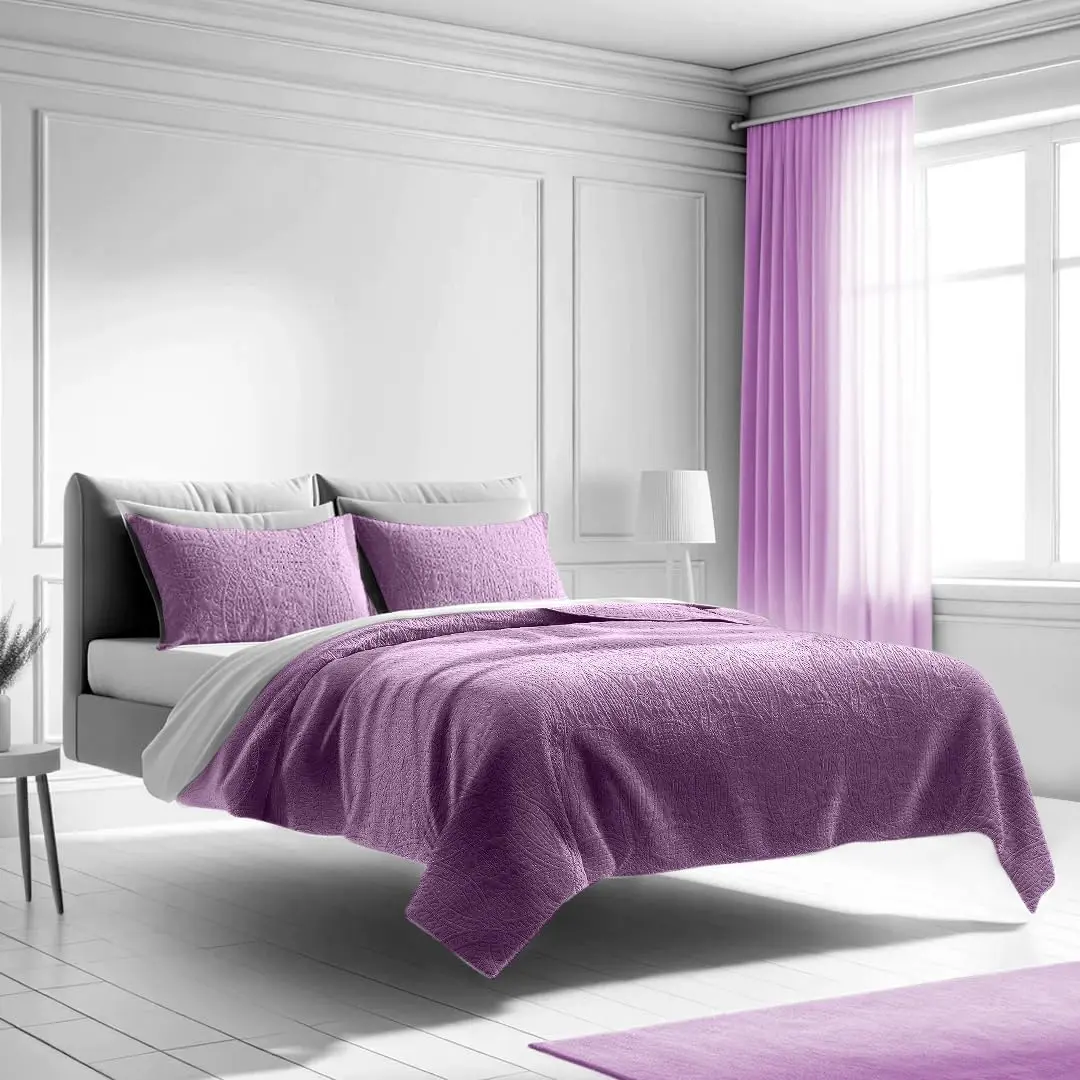 Bedspread Coverlet Set Purple-– - Comforter Bedding Cover – Brushed Microfiber Bedding 3-Piece Set (King/Cal King, Purple)