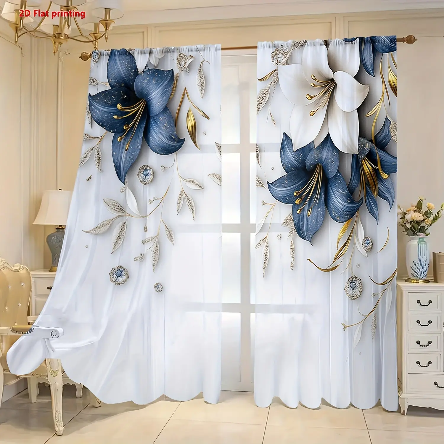Elegant Blue Lily Curtains 2pcs, Window Curtains, Curtain Panels, Home Decoration Curtain, Golden Color Details, Semi Transparent Polyester, Rod Pocket Design, Living Room & Bedroom Decor, Home Decorative Curtain