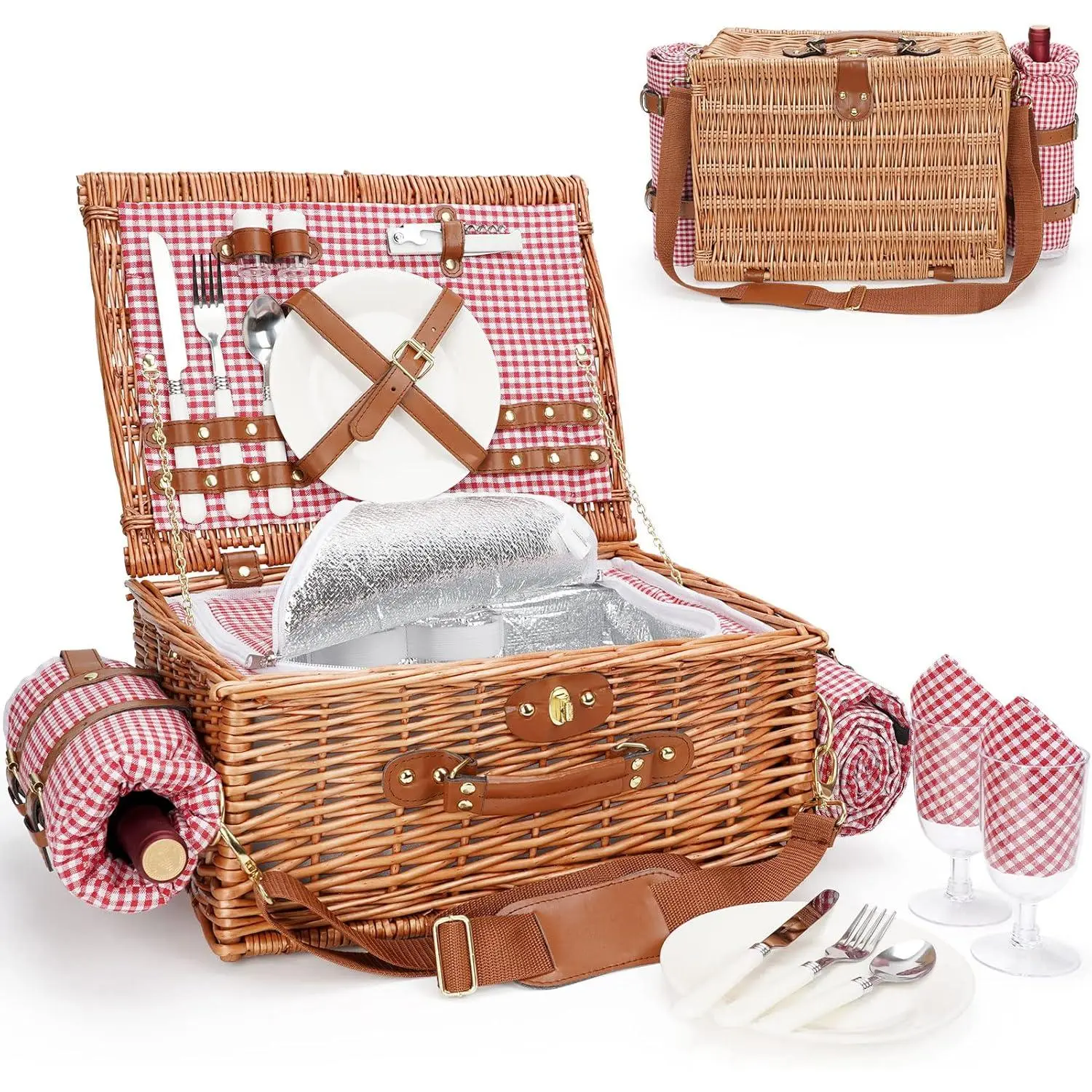 Picnic Basket for 2, Picnic Baskets with  Blanket, Picnic Hamper Set with Washable Beach Mat & Large Insulated Cooler Compartment,   Wicker Hamper for Camping, Outdoor Party