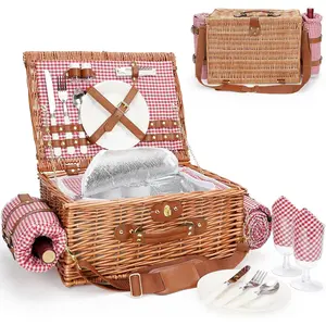 Picnic Basket for 2, Picnic Baskets with  Blanket, Picnic Hamper Set with Washable Beach Mat & Large Insulated Cooler Compartment,   Wicker Hamper for Camping, Outdoor Party