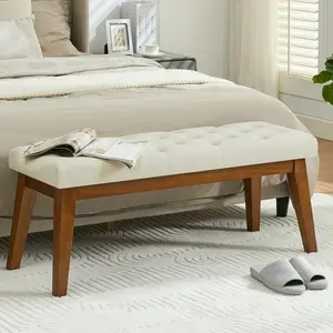 43.5'' Faux Leather Bedroom Bench, Upholstered End of Bed Bench with Tufted Button, Padded Vintage Dining Bench, Entryway Bench with Solid Wood Legs, Kitchen, Living Room, Hallway, Brown