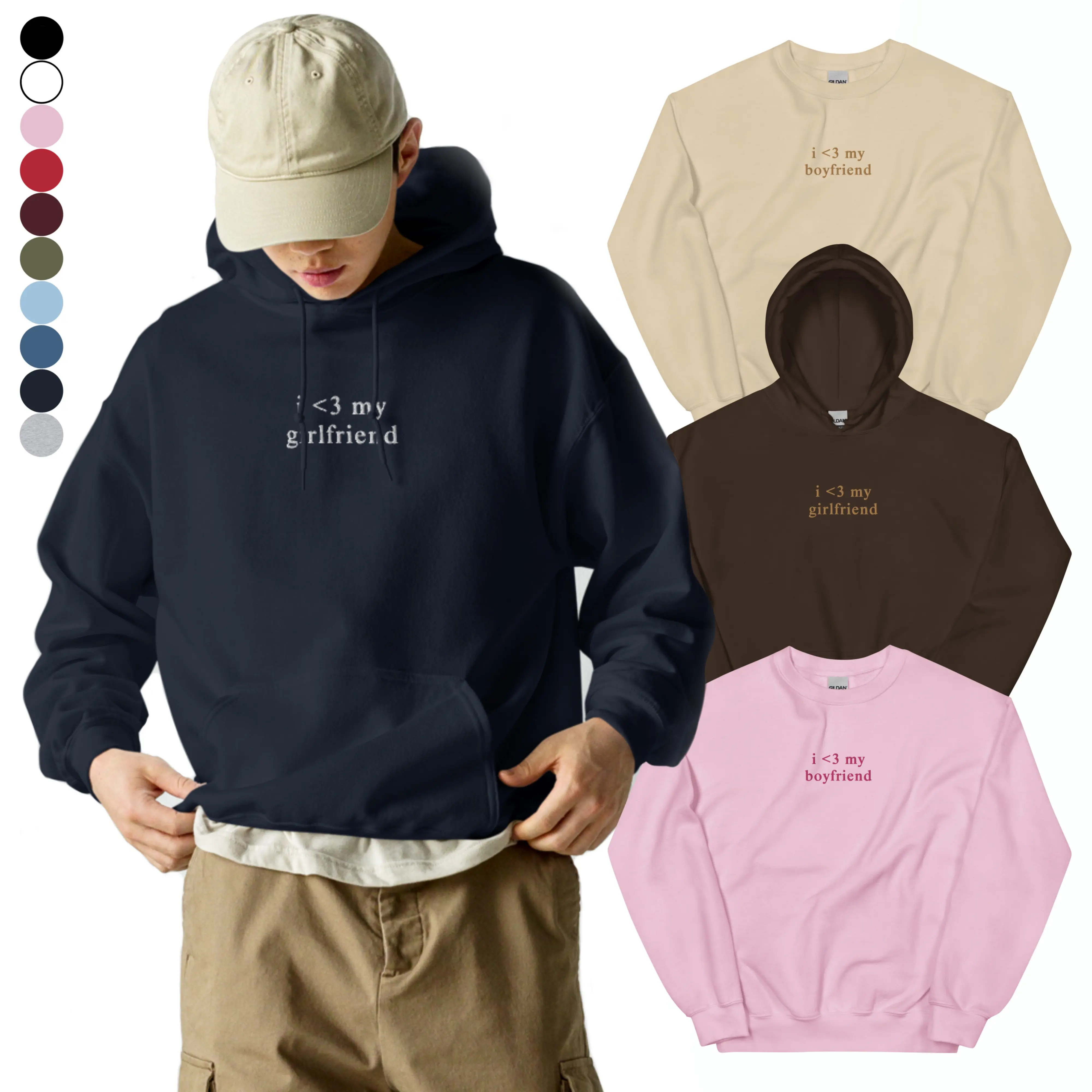 Embroidered I Love My Boyfriend/Girlfriend Hoodie/Crewneck Sweatshirt - Matching Couples Sweatshirt
