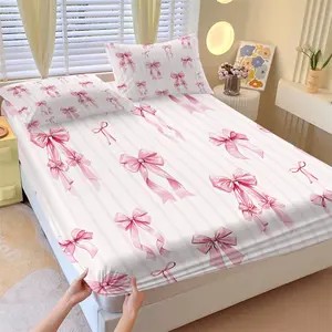 Girly Pink Bow Fitted Sheet Set and 2 Coreless Pillowcases, Pink White Vertical Stripes with Bows of Different Sizes & Shapes, Soft Anti-Slip Wrinkle-Resistant, French Country Style Bedroom Decor Gift