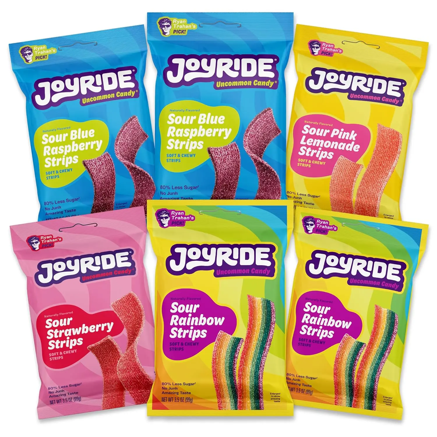 JOYRIDE Sour Strips Variety Pack - Sour Belt Candy, 6-Pack Bundle | Includes Blue Raspberry, Strawberry, Pink Lemonade, and Rainbow.Low Sugar, Dye Free, Low Calorie Sour Gummies