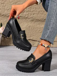 Matte C Buckle Chunky Heel Loafers, Round Toe Casual Shoes, Waterproof Platform Work Shoes, Retro High Heel Loafers for Women