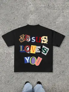 Men's Jesus Loves You Print Round Neck Tee, Regular Fit Casual Fashion Short Sleeve T-shirt for Daily Wear, Men's Top for Summer, Tropical