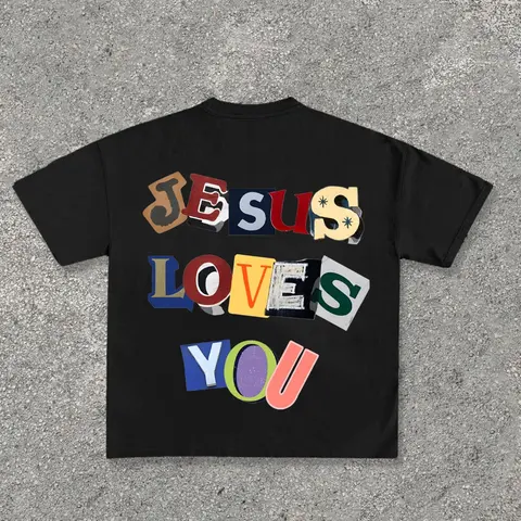 Men's Jesus Loves You Print Round Neck Tee, Regular Fit Casual Fashion Short Sleeve T-shirt for Daily Wear, Men's Top for Summer, Printed T Shirt, Tropical, Menswear