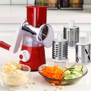 Rotating Cheese Grater and Vegetable Slicer, Kitchen Mandolin with 3 Interchangeable Blades, Easy to Clean, Suitable for Fruits, Potatoes, Carrots, Nuts