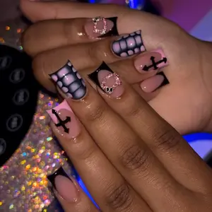 24pcs Duckbill Shape Nail Tips, Vintage Cross Design with Rhinestones, French Full Cover Nails, Includes Jelly Glue Scrubber, French Nail Art