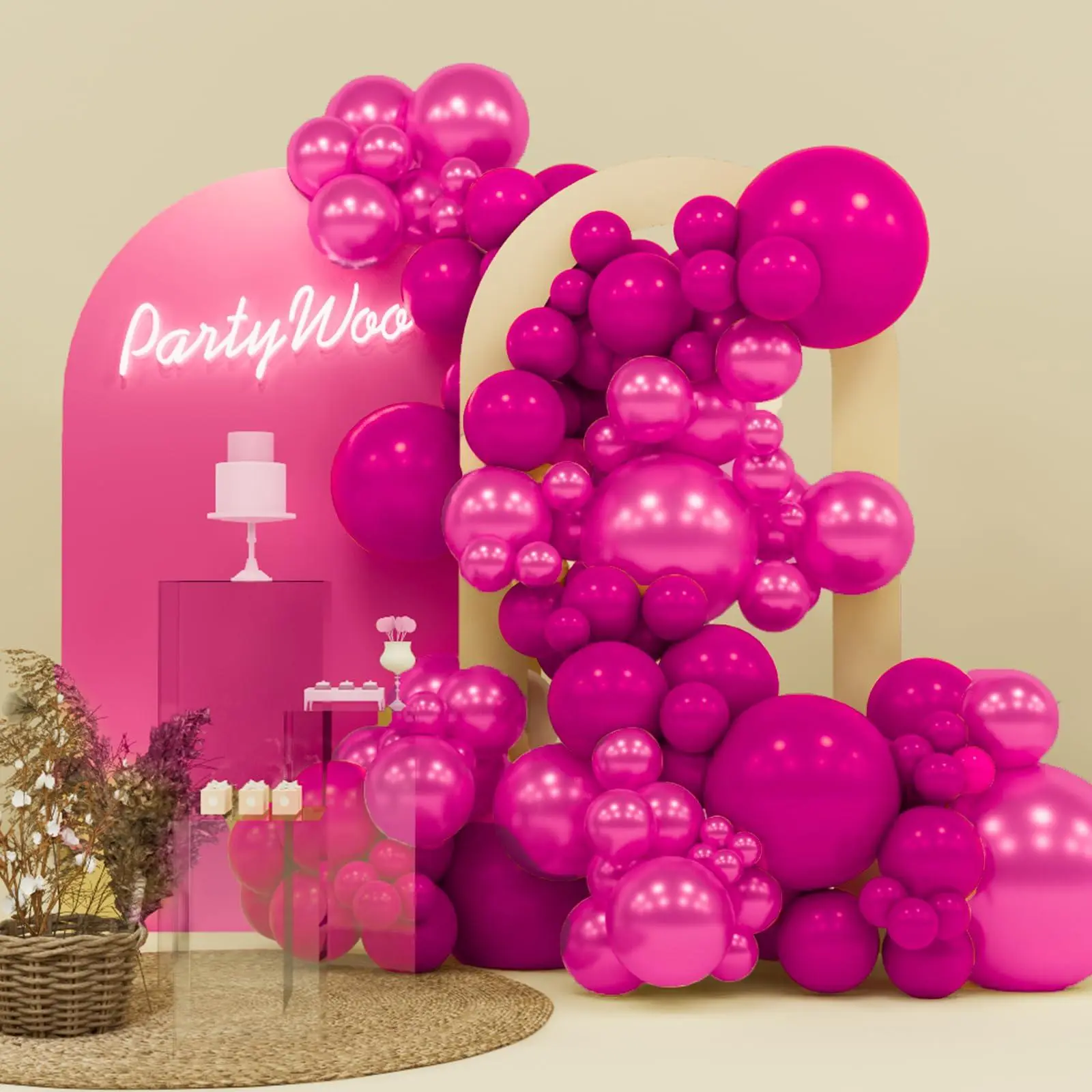 PartyWoo Thick Metallic Hot Pink Balloon Arch Kit - 140pcs Multi-Size (18,12,10,5 in) Long-Lasting Magenta Fuchsia Decor for Arch Backdrop, Bachelorette, Wedding Parties