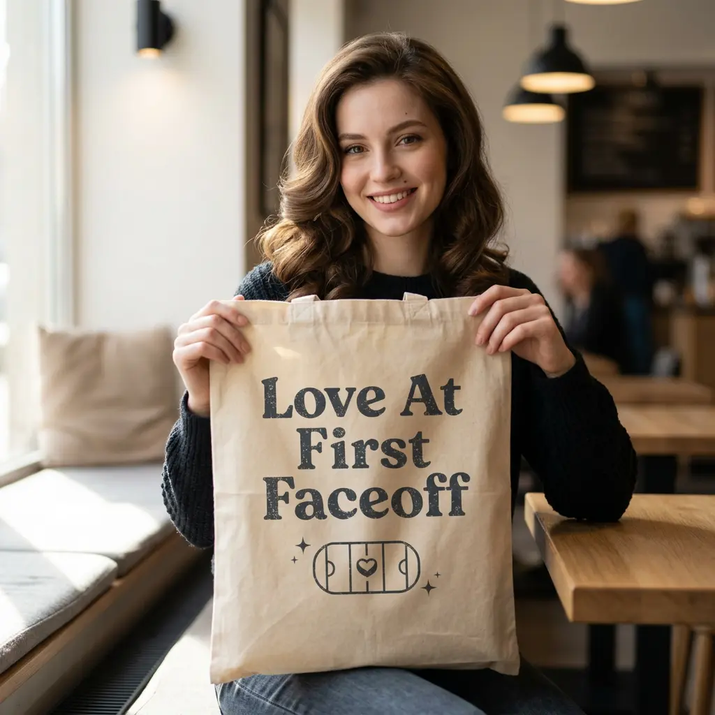 Women's Double Handle Canvas Tote Bag - Love At First Faceoff Themed, Hockey Romance Booktok Gift for Sports Romance Readers, Double Handle Women's Tote Bags