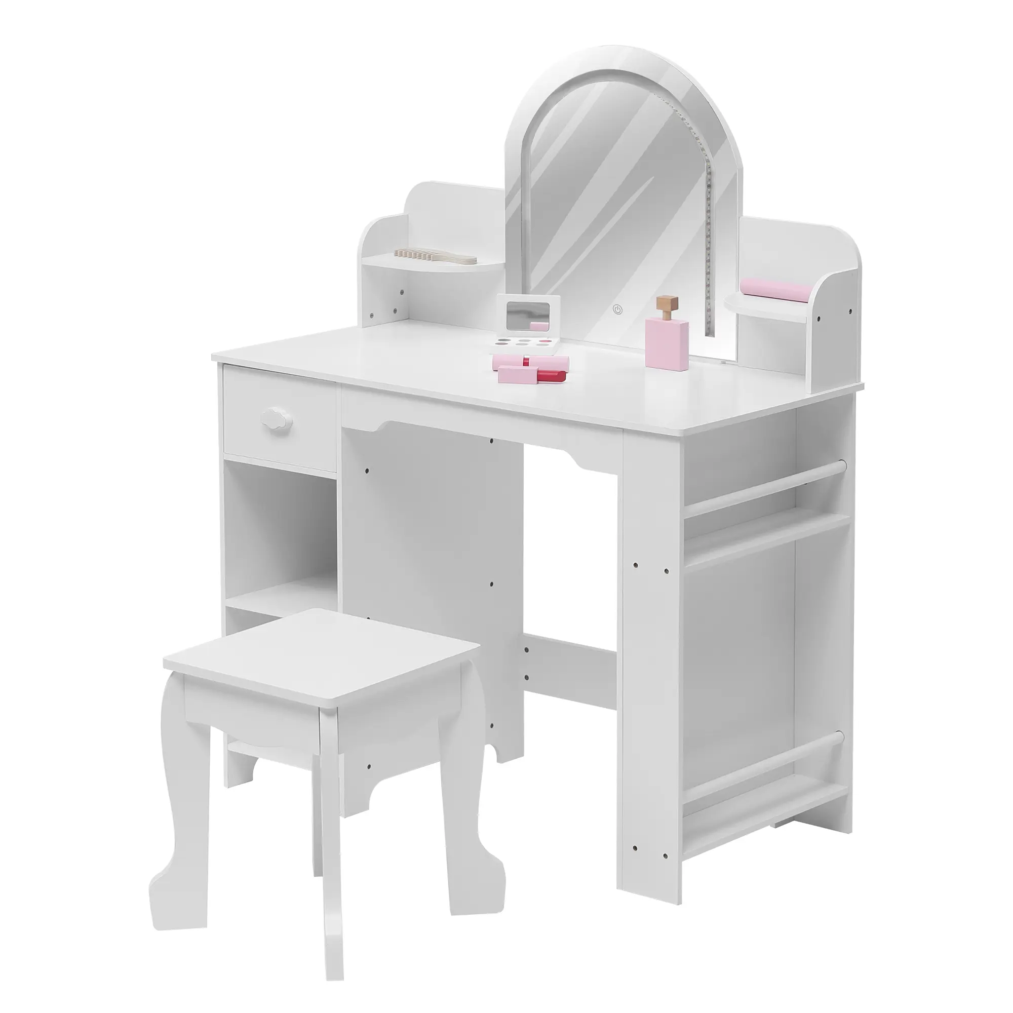Lighted Mirror Kids Vanity Table and Stool Set - Wooden Princess Makeup Desk with Bookshelf, Drawer, Open Shelves for Bedroom