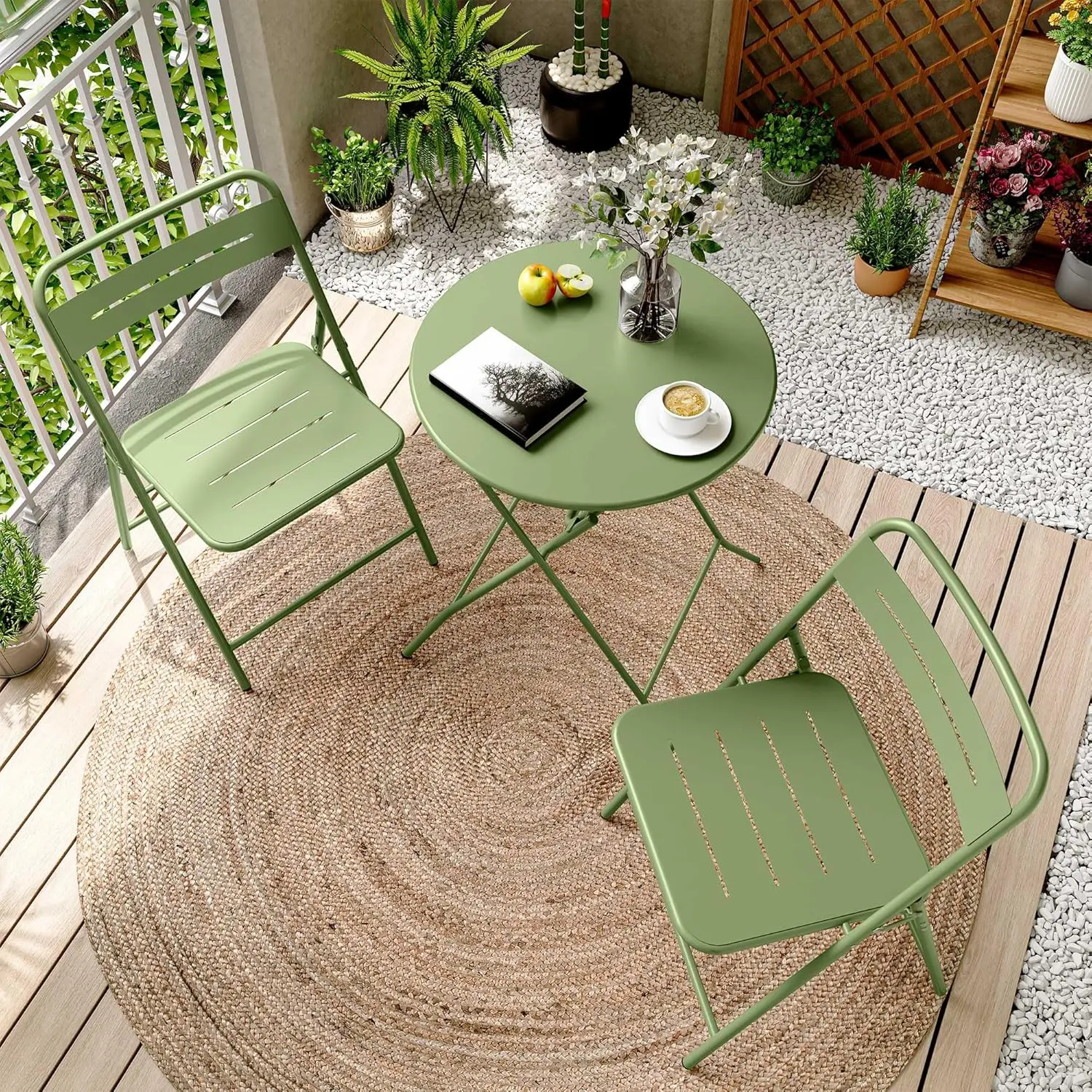 LAUSAINT HOME 3 Piece Folding Bistro Set, Outdoor Metal Patio Table and Chairs Set, Foldable Balcony Furniture for Backyard, Garden, Porch & Deckound, Green)