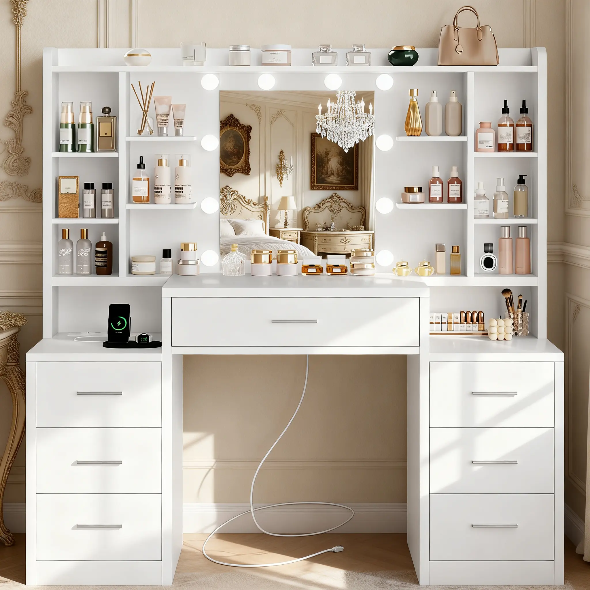 Large Vanity Desk with Mirror & Lights, White Makeup Vanity with 7 Drawers & 6 Storage Shelves, Vanity Set with LED Lights and Power Outlet, 3 Lighting Modes for Bedroom