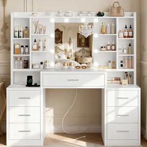 Large Vanity Desk with Mirror & Lights, White Makeup Vanity with 7 Drawers & 6 Storage Shelves, Vanity Set with LED Lights and Power Outlet, 3 Lighting Modes for Bedroom