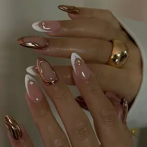 24pcs Almond Press-On Nails, Star Gold Powder Design, Valentine's Day Simple Luxury Style, Full Coverage Acrylic False Nails for Women and Girls