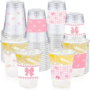 50 Pcs Pink Bow Birthday Decoration Cups 16 oz Coquette Plastic Disposable Drinking Cups for Wedding Birthday Bridal Baby Shower Party Supplies