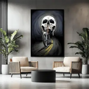 Chopper Motorcycle Canvas Painting, Skull Biker Wall Art, Vintage American Bike Decor, Dark Gothic Room Print, Unique Rebel Gift Idea