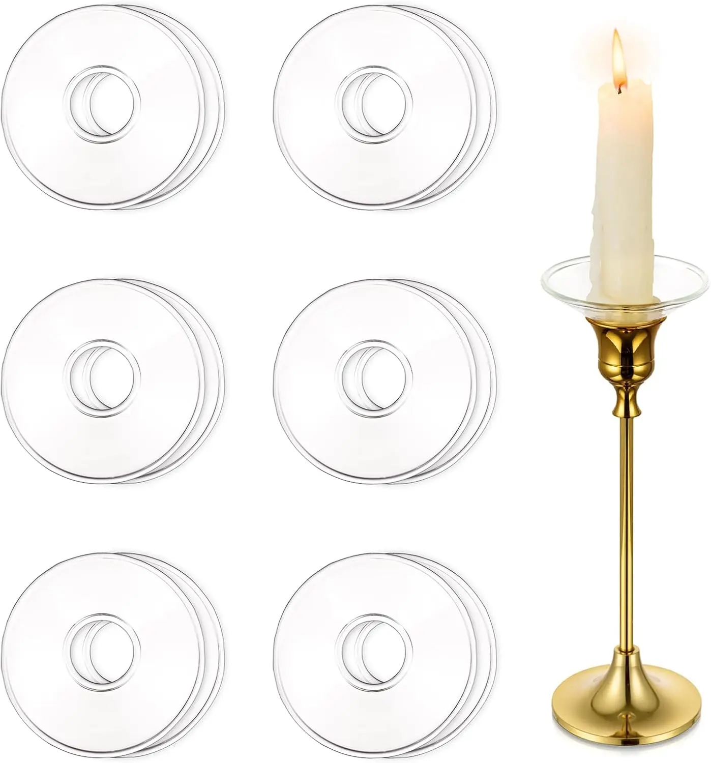 Round Glass Bobeches - 12pcs Reusable Universal Synthetic Candle Drip Protector Rings for Taper Candlestick Holders, Party & Wedding Table Decor Wax Drip Catchers